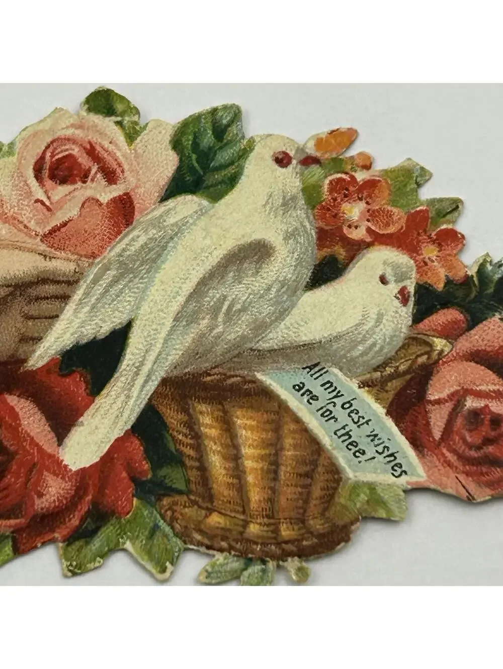 Antique Victorian Hidden Name Calling Card Die-Cut Roses Doves Hand 1890s F2